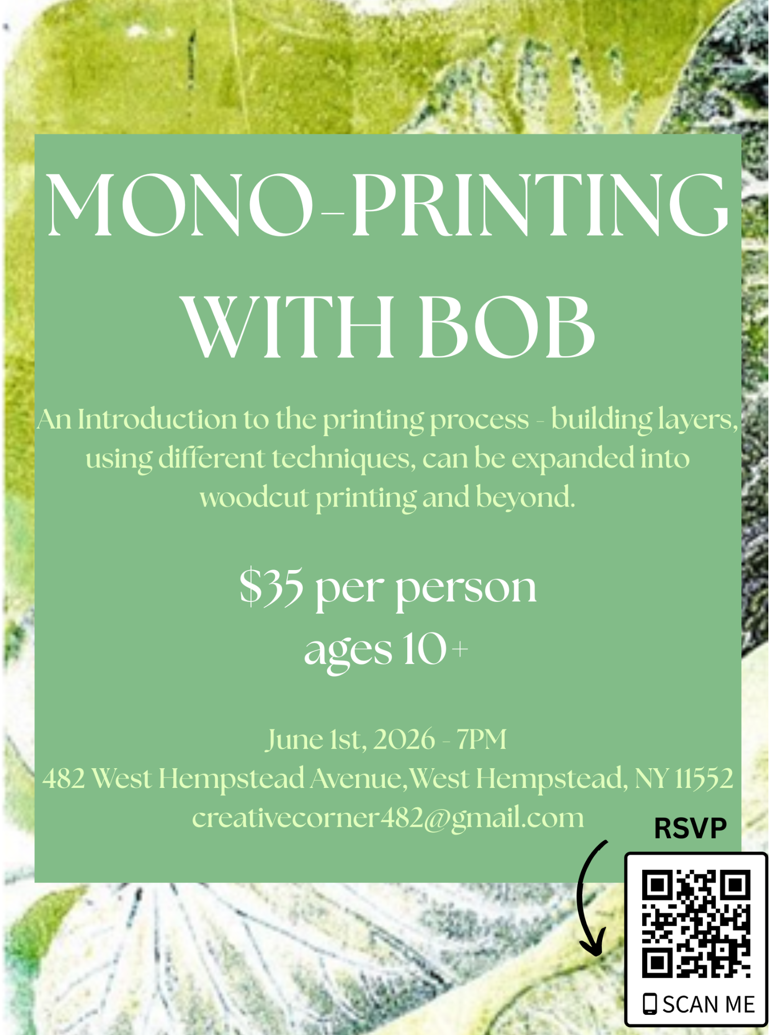 Mono-printing with Bob event poster